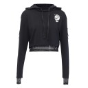 Sudadera corta de mujer con capucha Negra Impresión blanca de calavera con texto Dobladillo y puños de malla Anillos metálicos en las mangas 1
