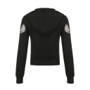 Sudadera corta negra para mujer con cremallera y capucha Motivo de alas y rosas en el pecho y las mangas Dobladillo y puños acanalados Poliéster 3