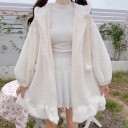 Sudadera de felpa para mujer con capucha y orejas de conejo Corte alargado con cremallera Dobladillo de volantes Cuerdas con pompones Blanca Poliéster 5