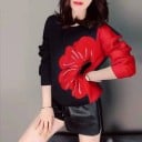 Sudadera de mujer con gran flor y manga de color Base negra Cuello redondo Manga larga Puños y dobladillo de canalé Algodón con spandex 2
