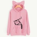 Sudadera de mujer con orejas de gato en la capucha Estampado de gato durmiendo Bolsillo canguro Cordón ajustable Manga larga Puños 2