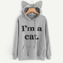 Sudadera de mujer con orejas de gato en la capucha Estampado I'm a cat Bolsillo canguro Cordón ajustable Manga larga Puños acanalados Algodón 3