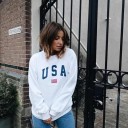 Sudadera de mujer sin capucha con estampado de la bandera americana y texto Escote redondo Mangas largas Puños y dobladillo de canalé 10