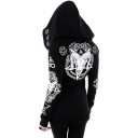 Sudadera gótica para mujer con capucha y cremallera Negra con estampado oculto blanco Calavera con cuernos y pentagramas Bolsillos frontales 2