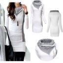 Sudadera larga blanca para mujer con cuello de punto gris Patrón de trenzas Tachuelas decorativas en color dorado Corte ajustado Poliéster 2