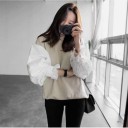 Sudadera para mujer con mangas abullonadas Beige con mangas blancas Puños fruncidos con volante Cuello redondo Corte holgado Algodón 3