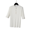 Suéter de punto para mujer con mangas 3/4 y escote en O con un corte sutil en el pecho Top de un solo color de acrílico y algodón Estilo elegante 5 Suéter de punto para mujer con mangas 3/4 y escote en O con un corte sutil en el pecho Top de un solo color de acrílico y algodón Estilo elegante 5