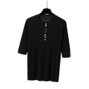Suéter de punto para mujer con mangas 3/4 y escote en O con un corte sutil en el pecho Top de un solo color de acrílico y algodón Estilo elegante 7 Suéter de punto para mujer con mangas 3/4 y escote en O con un corte sutil en el pecho Top de un solo color de acrílico y algodón Estilo elegante 7