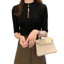 Suéter de punto para mujer con mangas 3/4 y escote en O con un corte sutil en el pecho Top de un solo color de acrílico y algodón Estilo elegante 9 Suéter de punto para mujer con mangas 3/4 y escote en O con un corte sutil en el pecho Top de un solo color de acrílico y algodón Estilo elegante 9
