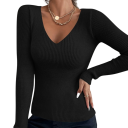 Suéter de punto para mujer de algodón y acrílico con escote en V Suéter elegante de un solo color con mangas largas Talla universal 2