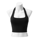 Sutiã desportivo feminino com alças atrás do pescoço e decote quadrado com franzido no centro e costas abertas com faixa larga 1