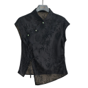 Svart retro asymmetrisk ärmlös blus med blommönster Lätt sommartopp Elegant damtunika i vintagestil 1