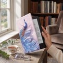 Světle fialové flipové pouzdro 6 palců na Kindle 10. generace 2019 s potiskem modrého páva a s popruhem na ruku i fólií na displej 2