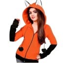 Sweat à capuche zippé pour femme avec oreilles Cordons avec pompons Manches noires avec ouvertures pour le pouce Deux poches avant Ourlet 2