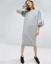 Sweat long pour femme avec manches ballon Coupe de robe sweat à longueur midi Col rond Découpe au dos Gris Coton avec polyester 3