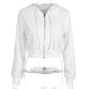 Sweat-shirt court pour femme avec capuche et zip sur toute la longueur Coupe crop blanche Cordons de serrage Deux poches avant Manches côtelées 1
