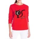 Sweat-shirt femme sans capuche avec impression de chat noir aux grands yeux Col rond Manches longues Bords côtelés 1