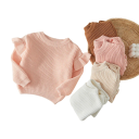 Sweater de bebé tricotado com folhos em algodão e acrílico de manga longa top solto de cor única com decote redondo O-neck para meninas e meninos 2