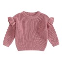 Sweater de bebé tricotado com folhos em algodão e acrílico de manga longa top solto de cor única com decote redondo O-neck 10