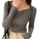 Sweater feminino de manga longa com decote em V Top elegante de cor sólida em algodão e poliéster Sweater confortável e versátil 4
