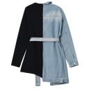 Sweatshirt assimétrica feminina em denim com cinto Preto e azul claro Colarinho em denim e bolso de peito Detalhes desgastados Algodão e poliéster 2