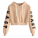 Sweatshirt curta feminina com capuz e cordões ajustáveis Impressão East Coast nas mangas Mangas caneladas e barra inferior Poliéster 10