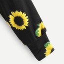 Sweatshirt curta feminina com capuz e estampagem total de girassóis Cordões ajustáveis Mangas longas com punho Poliéster Preto com flores amarelas 5