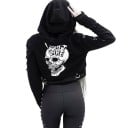 Sweatshirt curta feminina com capuz Preta Estampado branco de caveira com inscrição Bainha e punhos em rede Anéis metálicos nas mangas Poliéster 2