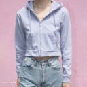 Sweatshirt curta feminina com fecho de correr, capuz e cordão ajustável Bolsos frontais Mangas longas Punhos e barra canelados Algodão 4