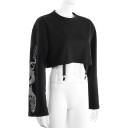 Sweatshirt curta feminina com motivo de dragão nas mangas Corte crop preto Corte solto Decote redondo Fitas com clipes metálicos na bainha Algodão 6