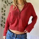 Sweatshirt de malha feminina com fecho de correr e capuz Corte curto Manga longa Bolsos frontais Cordões no capuz Bainhas caneladas 6