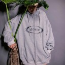 Sweatshirt feminina com fecho de correr e capuz e impressão oval no peito Corte oversized solto Mistura de algodão e poliéster Bolsos 3