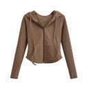 Sweatshirt feminina com fecho e capuz e bolsos Sweatshirt de uma só cor em poliéster suave Peça confortável para o tempo livre 11