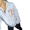 Sweatshirt feminina com fecho no pescoço e gola alta Cinza claro Corte solto Inscrição em tom cobre no peito Manga longa Poliéster e algodão 2