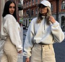 Sweatshirt feminina de fleece felpudo com gola alta e fecho de correr curto Corte solto com mangas largas Comprimento mais curto até à cintura 6