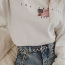 Sweatshirt feminina sem capuz com estampado da bandeira americana e inscrição Decote redondo Mangas longas Bainhas caneladas e bainha 9
