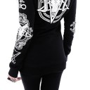 Sweatshirt gótica feminina com capuz e fecho de zíper Preto com impressão oculta branca Crânio com chifres e pentagramas Bolsos frontais Poliéster 5