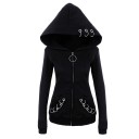 Sweatshirt gótica feminina com grande capuz e zíper Preto Anéis metálicos no capuz e nos bolsos Puxador de zíper em forma de círculo Corte justo 1
