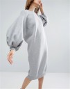 Sweatshirt longa feminina com mangas balonadas Corte de vestido de sweatshirt em comprimento midi Decote redondo Abertura nas costas Cinza Algodão 2