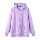 Sweatshirt oversized feminina com fecho de correr e capuz Corte solto com ombros caídos Bolso canguru Punhos e barra canelados Poliéster 3