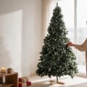 Sztuczna choinka świąteczna Ośnieżona Z sztucznymi szyszkami Składana Wysokość 210 cm Drewniana podstawa 40 cm Zielona i biała Dekoracja do mieszkania 4