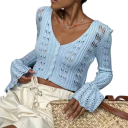 T-shirt à manches longues en crochet pour femme, élégant, respirant, boutonné, léger, haut d'été, style vintage et romantique 2