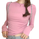 T-shirt à manches longues pour femme Coupe ajustée Chaînes d'épaule décoratives Design à la mode Encolure ronde Matière confortable pour un usage quotidien 5