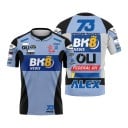 T-shirt bleu pour homme avec le numéro 73 au dos et à l'avant dans le style d'un maillot d'équipe de courses de motos avec des côtés noirs 1