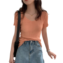 T-shirt en tricot pour femmes en acrylique à manches courtes et décolleté en V T-shirt tricoté élégant uni Taille universelle pour l'été et l'automne 5