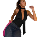 T-shirt feminina lisa Decote em V Alças largas Lenço ao pescoço Poliéster spandex elegante top de verão 3