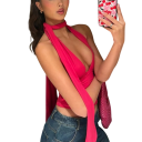 T-shirt feminina lisa Decote em V Alças largas Lenço ao pescoço Poliéster spandex elegante top de verão 5