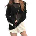 T-shirt femme à manches longues translucides Coupe ample d'été Matière légère et aérée Haut basique élégant à superposer et à porter seul 3