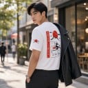 T-shirt με κοντό μανίκι και εκτύπωση σπορ αυτοκινήτου σε ιαπωνικό στυλ με κόκκινο ήλιο και βουνά στην πλάτη και στο στήθος unisex 2