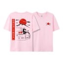 T-shirt med kort ärm och tryck av sportbil i japansk stil med röd sol och berg på ryggen och bröstet unisex 16